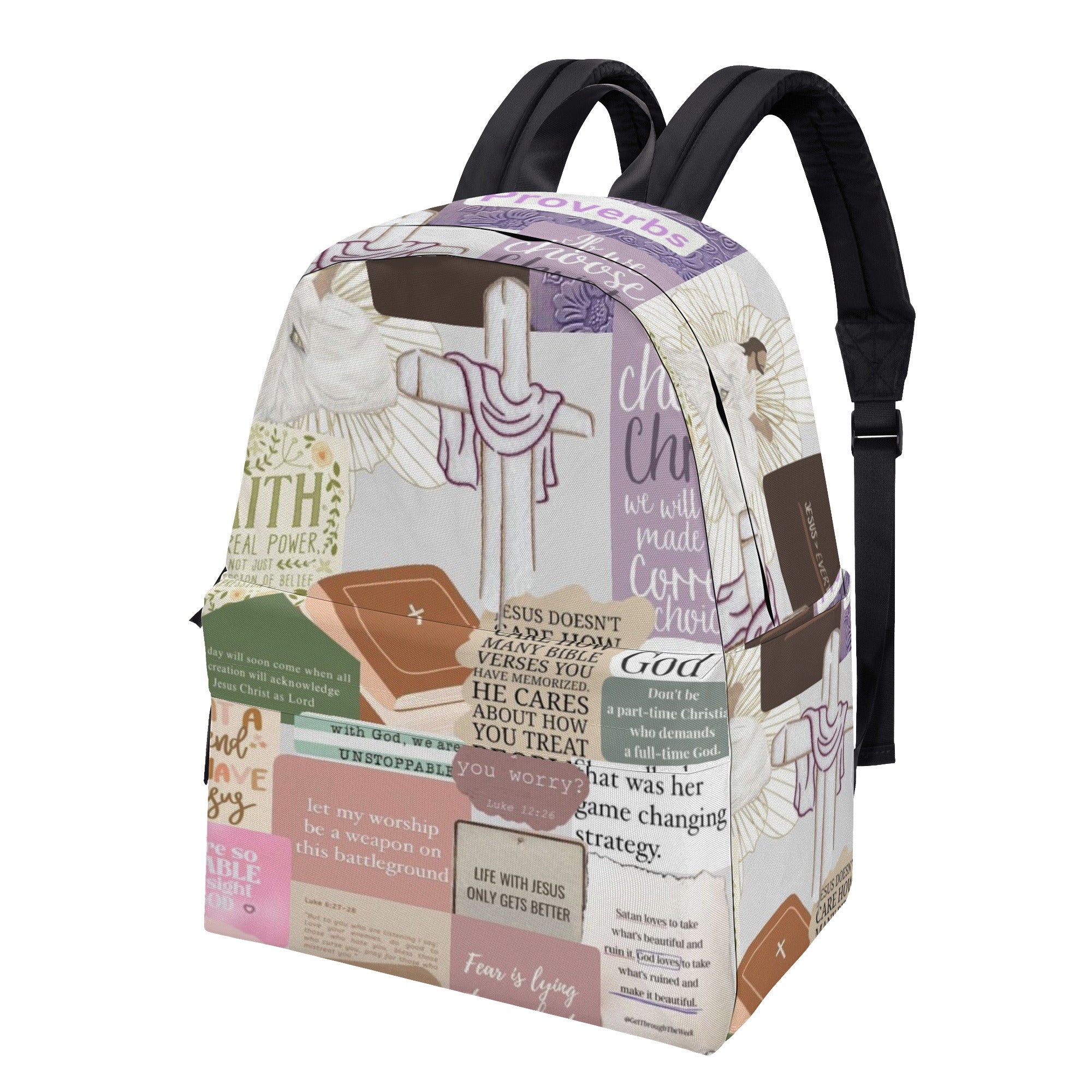 Christian Cross Collage Backpack, Bible Verse Inspirational Backpack, Faith Over Fear Backpack, Worship and Scripture School Bag, Religious Motivational Gift.PLAF51